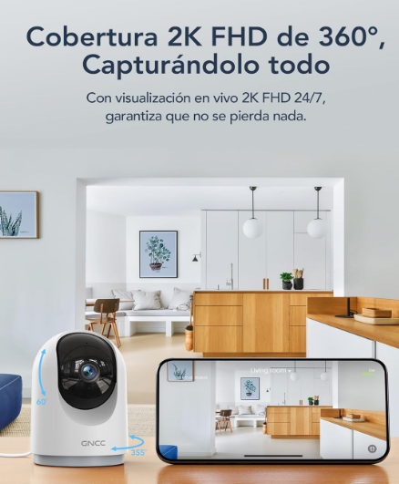Pack 2 Cámaras WiFi GNCC 2K 360° con IA, Visión Nocturna y Alexa