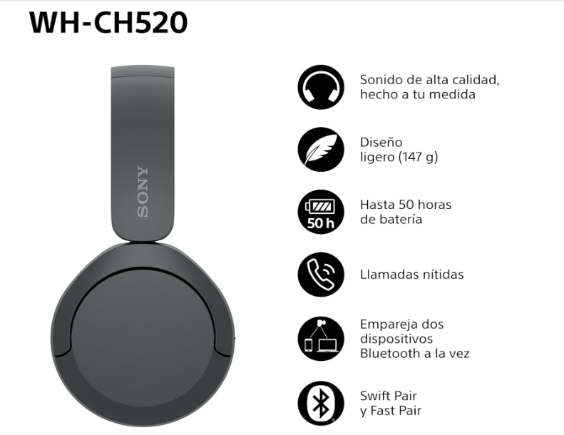Sony WH‑CH520 Auriculares Bluetooth, 50h batería, ligeros y cómodos