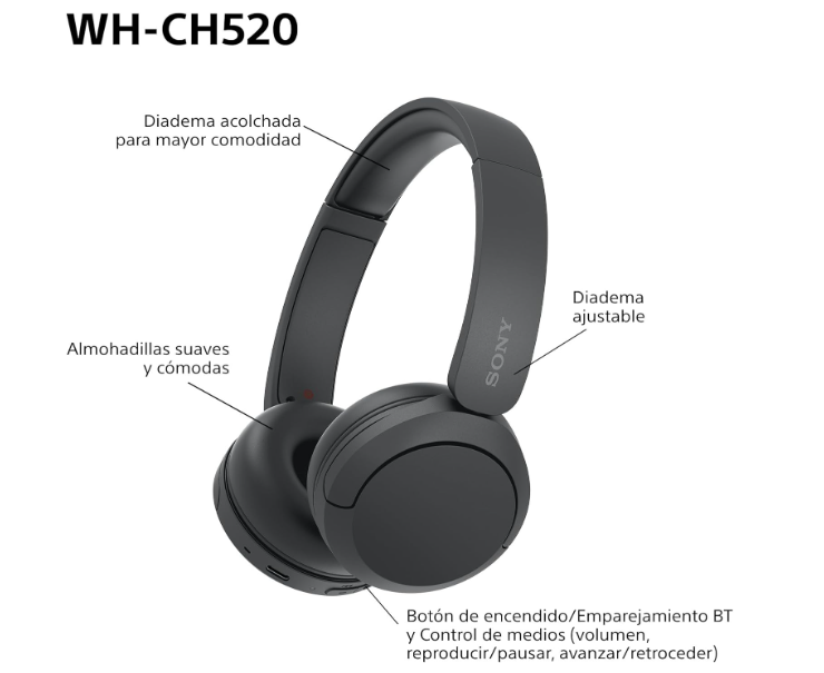 Sony WH‑CH520 Auriculares Bluetooth, 50h batería, ligeros y cómodos